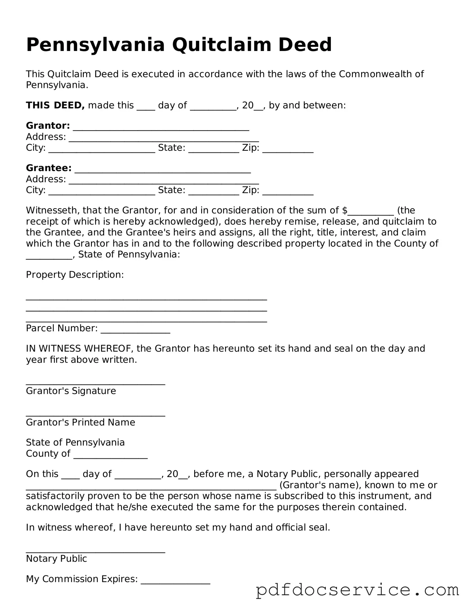 Printable  Quitclaim Deed Template for Pennsylvania