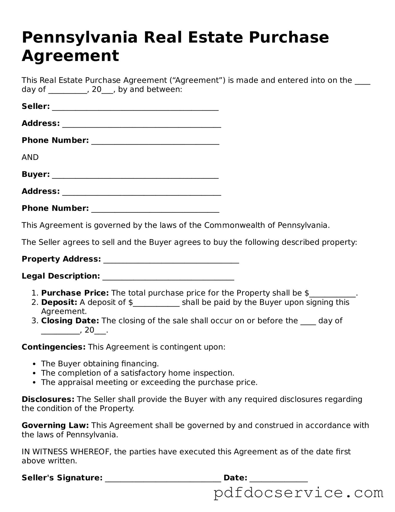 Printable  Real Estate Purchase Agreement Template for Pennsylvania