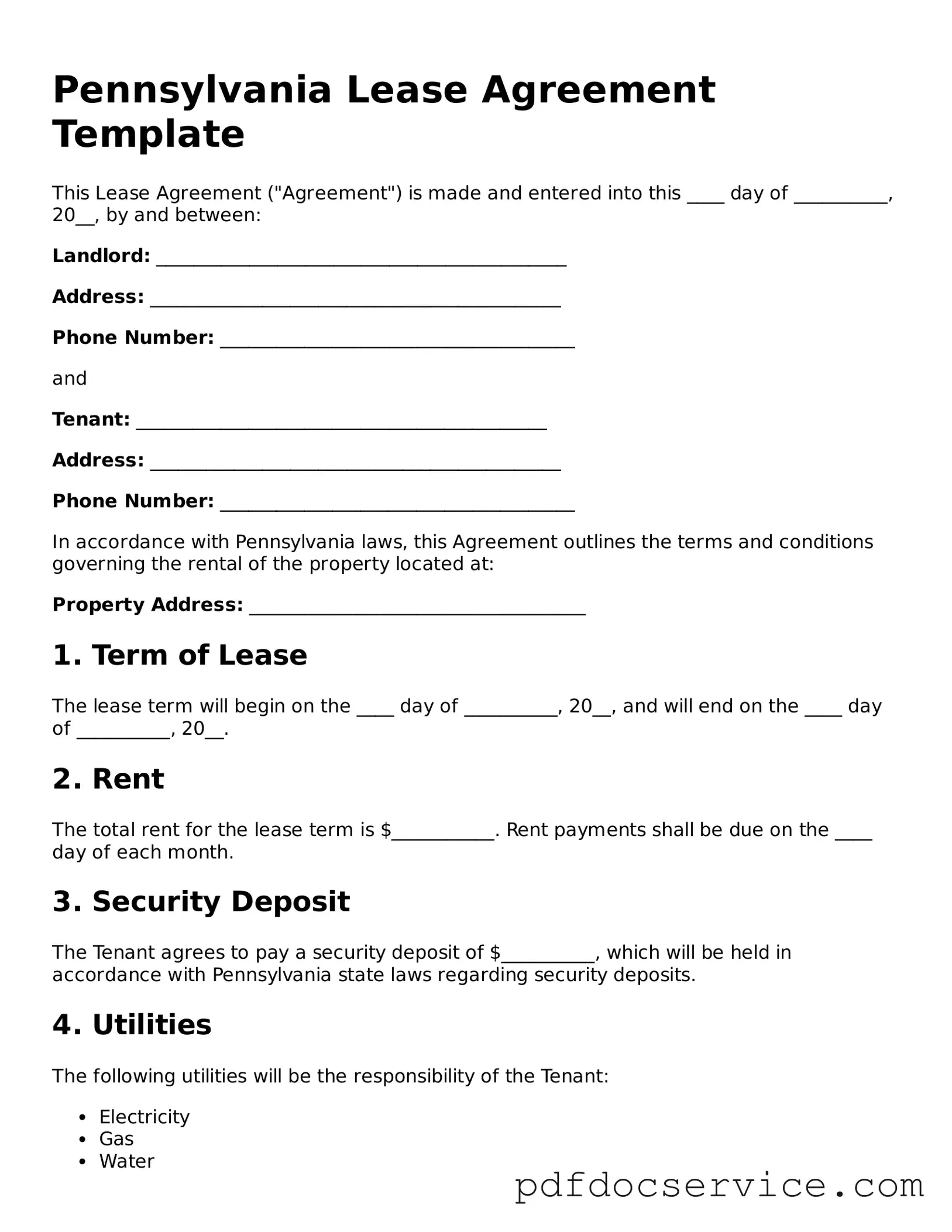 Printable  Lease Agreement Template for Pennsylvania