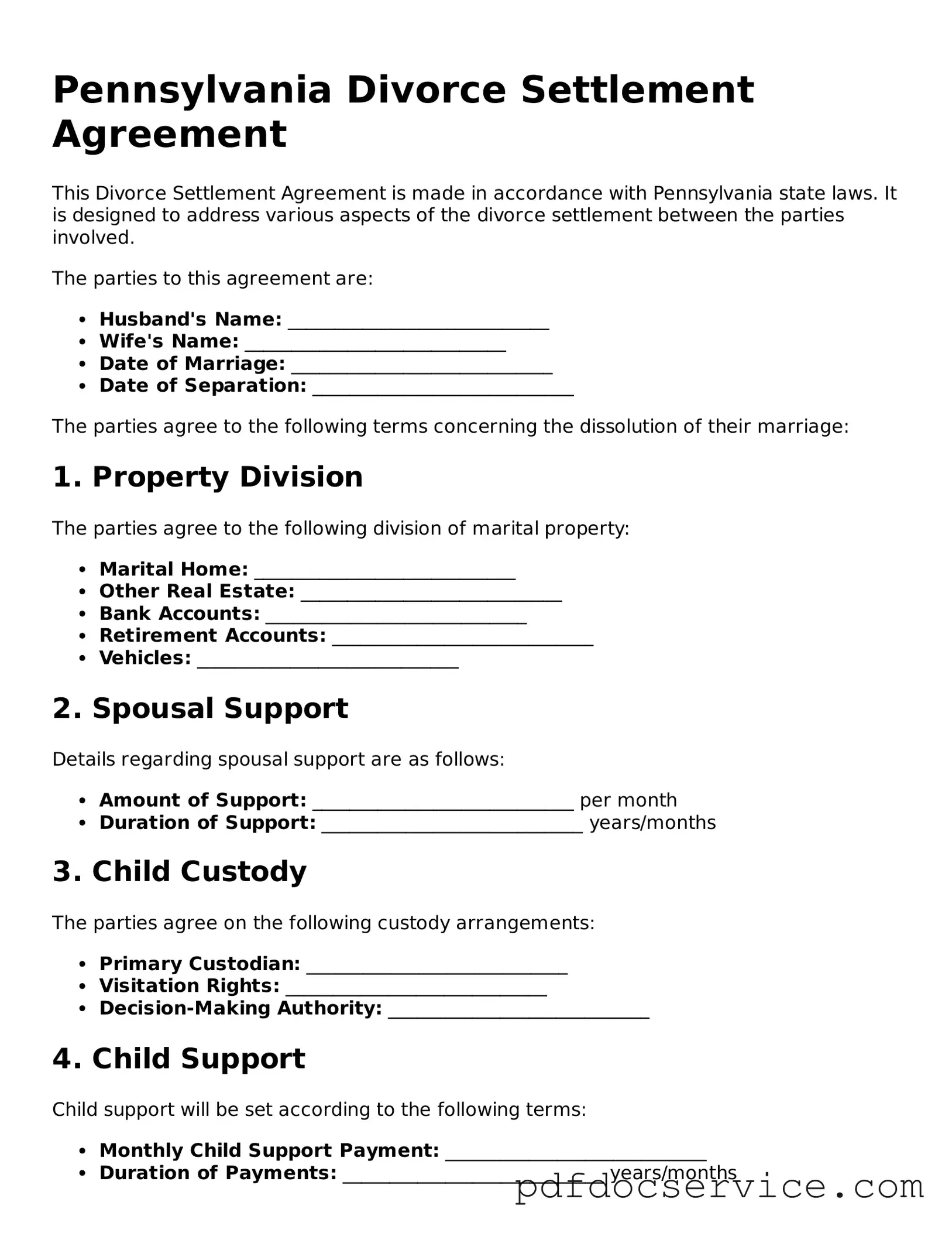 Printable  Divorce Settlement Agreement Template for Pennsylvania