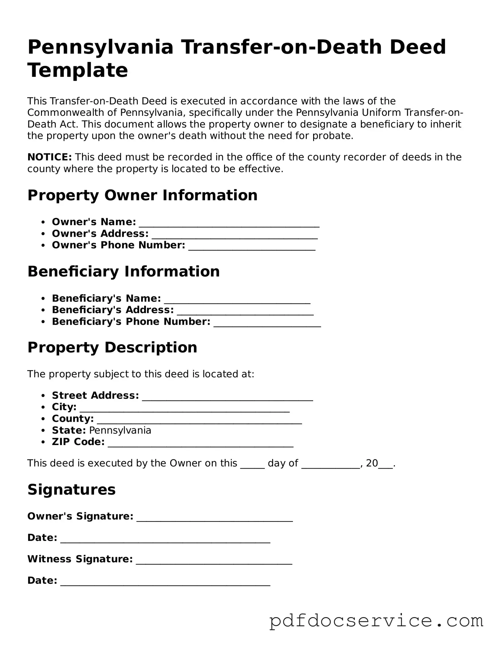 Printable  Transfer-on-Death Deed Template for Pennsylvania