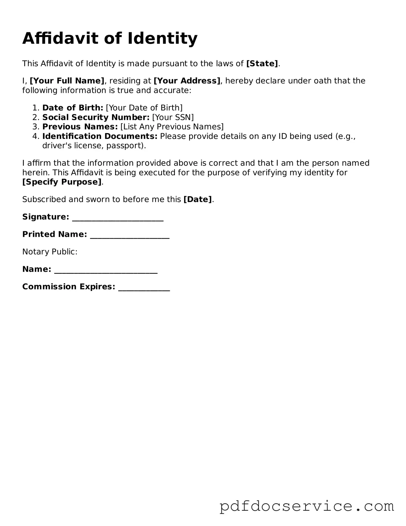 Blank Affidavit of Identity Form