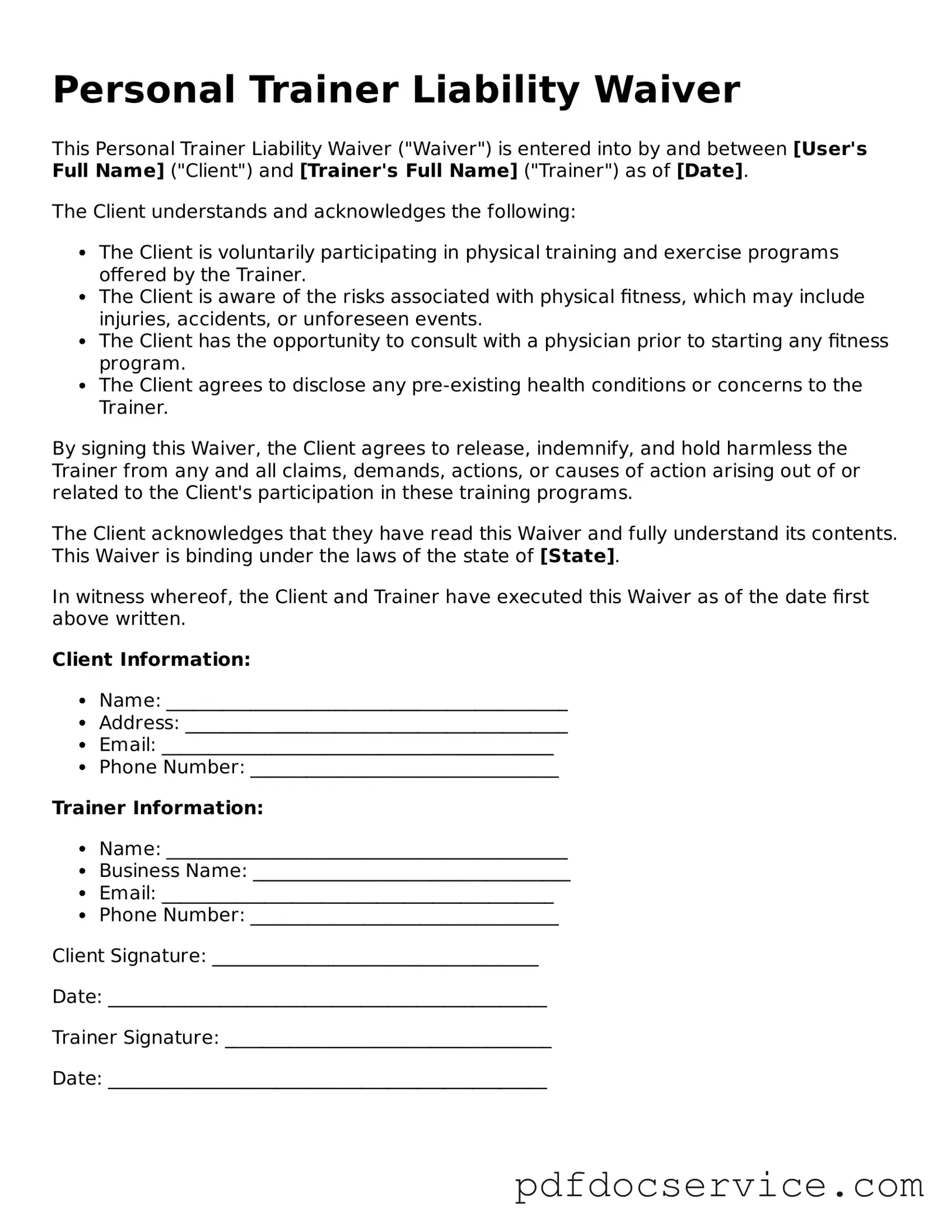 Blank Personal Trainer Liability Waiver Form