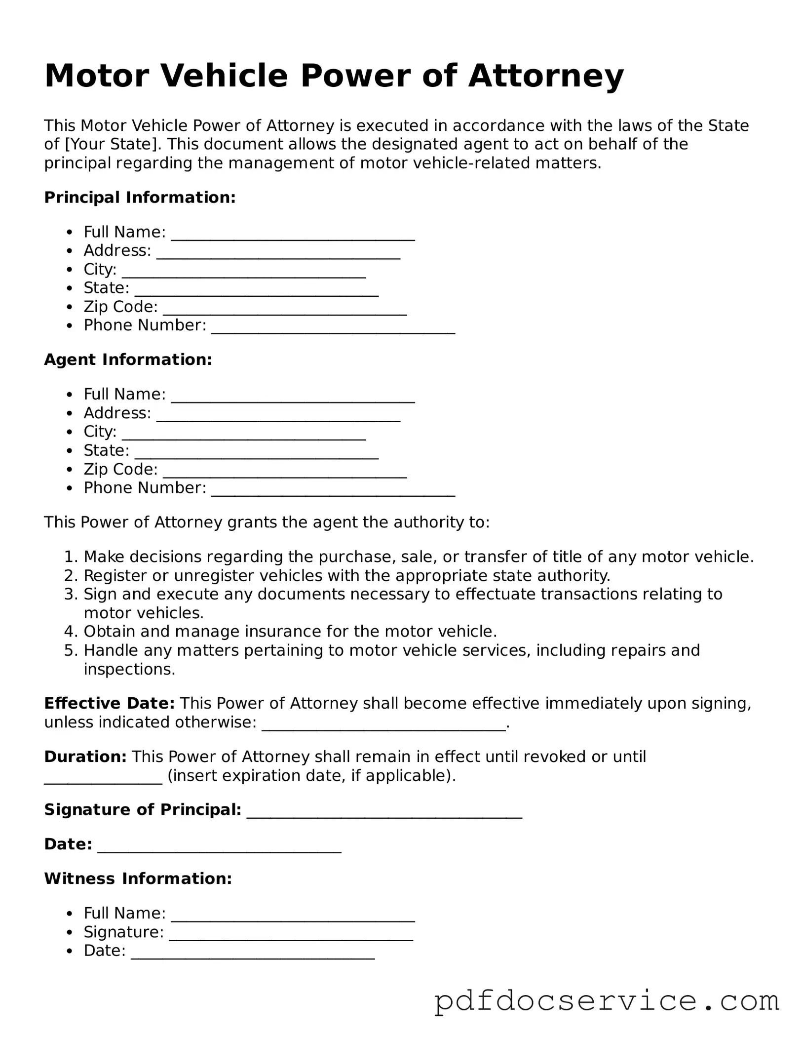 Blank Motor Vehicle Power of Attorney Form