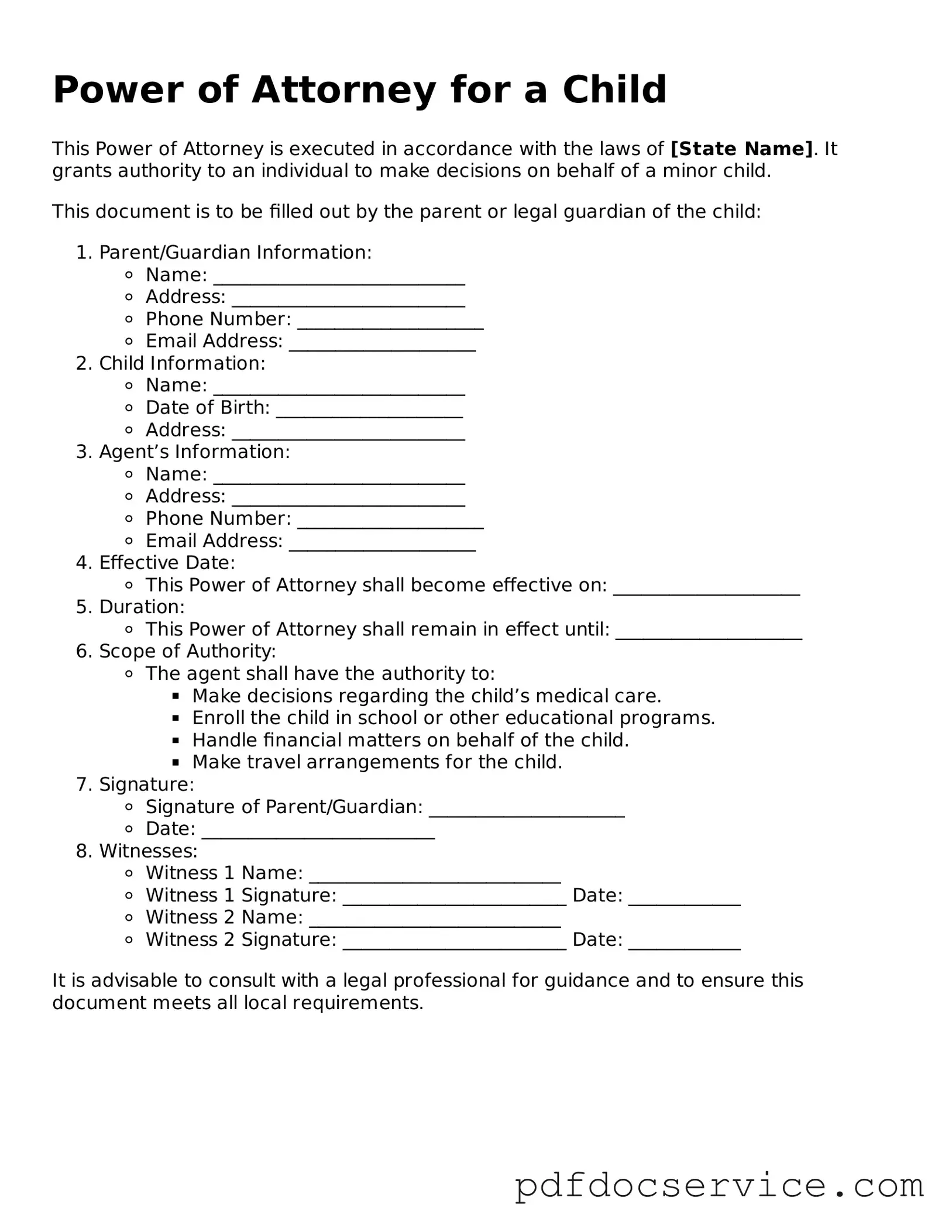 Blank Power of Attorney for a Child Form