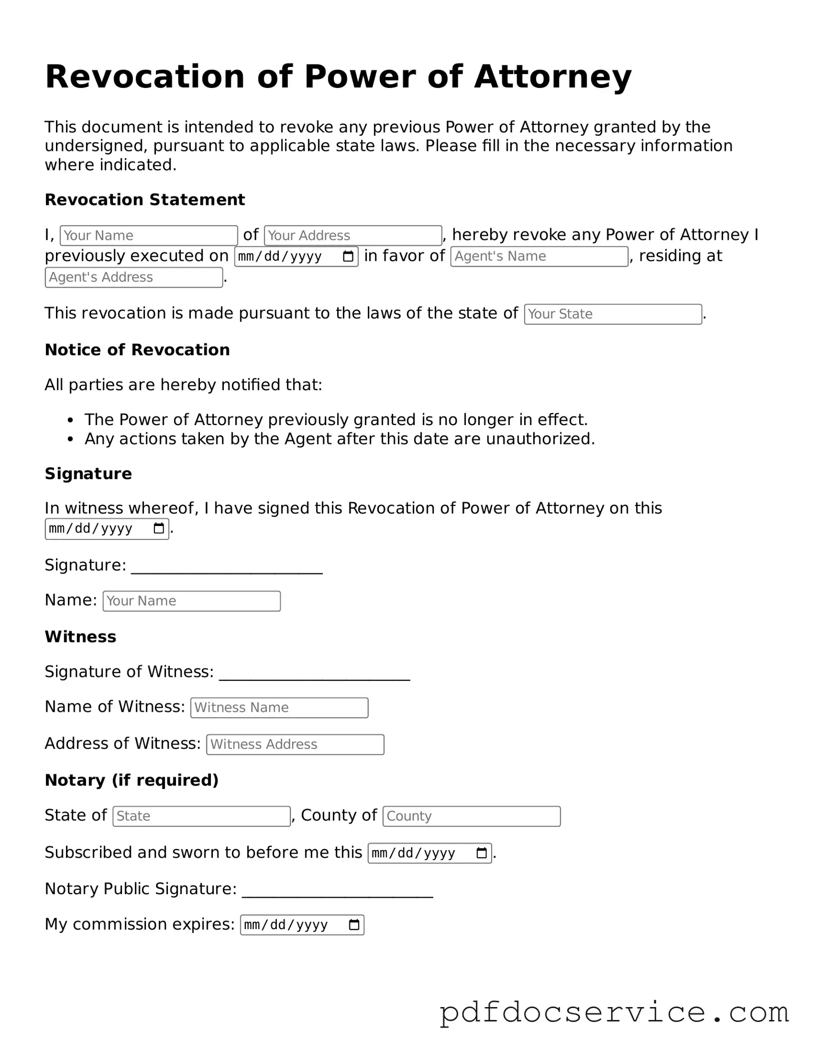 Blank Revocation of Power of Attorney Form