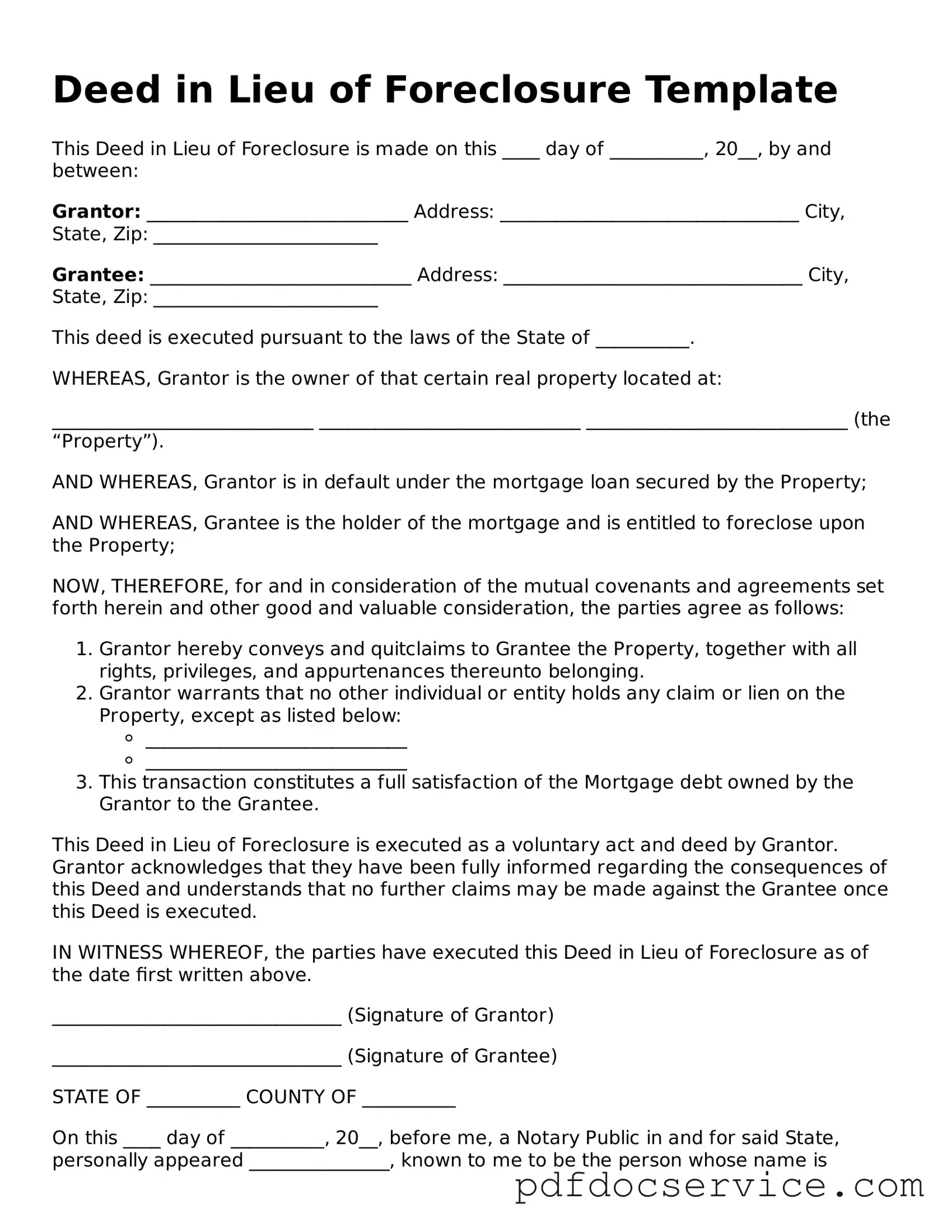 Blank Deed in Lieu of Foreclosure Form