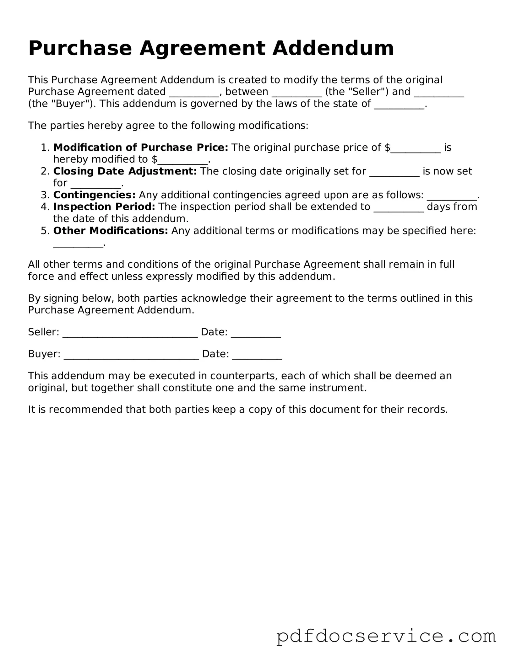Blank Purchase Agreement Addendum Form