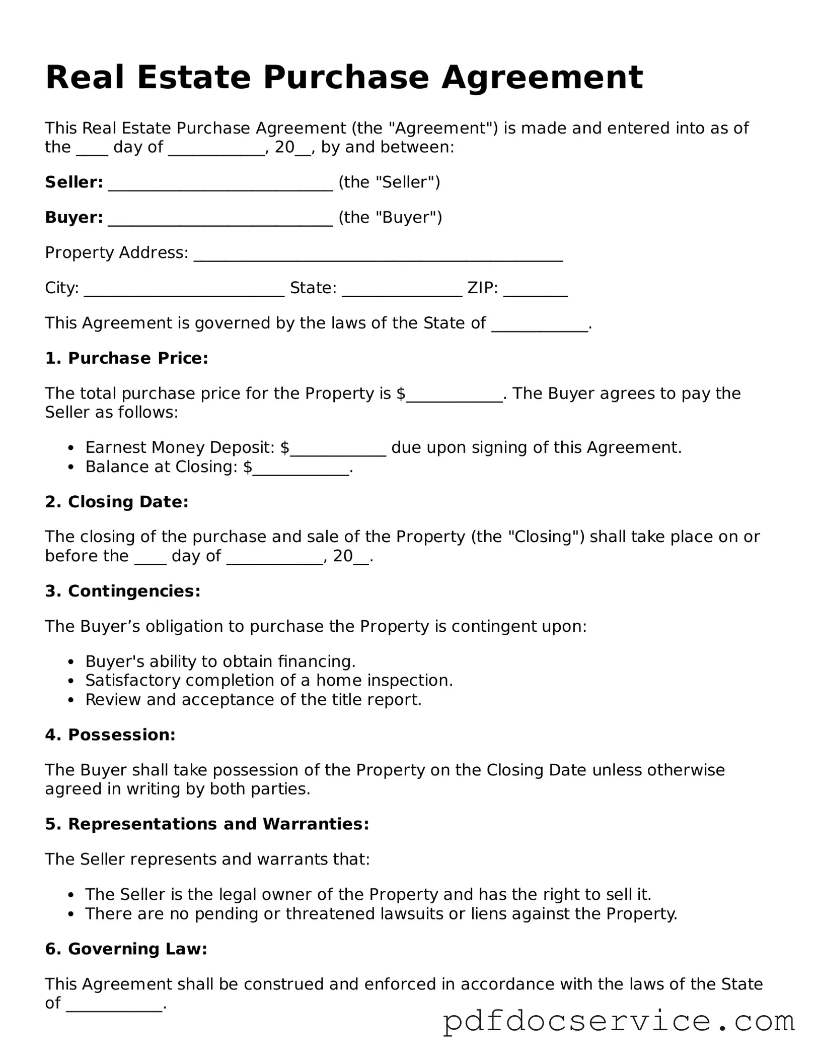 Blank Real Estate Purchase Agreement Form