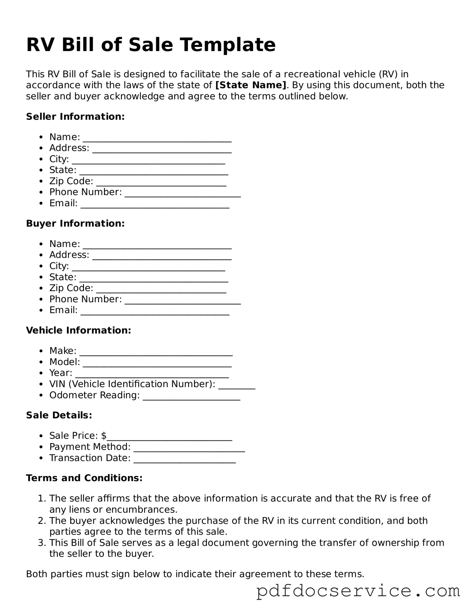 Blank RV Bill of Sale Form