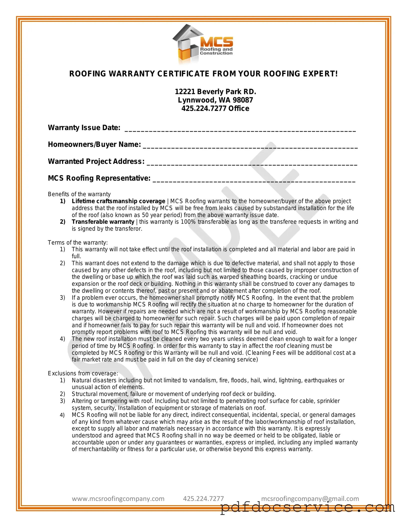 Fill Your Roofing Warranty Certificate Form