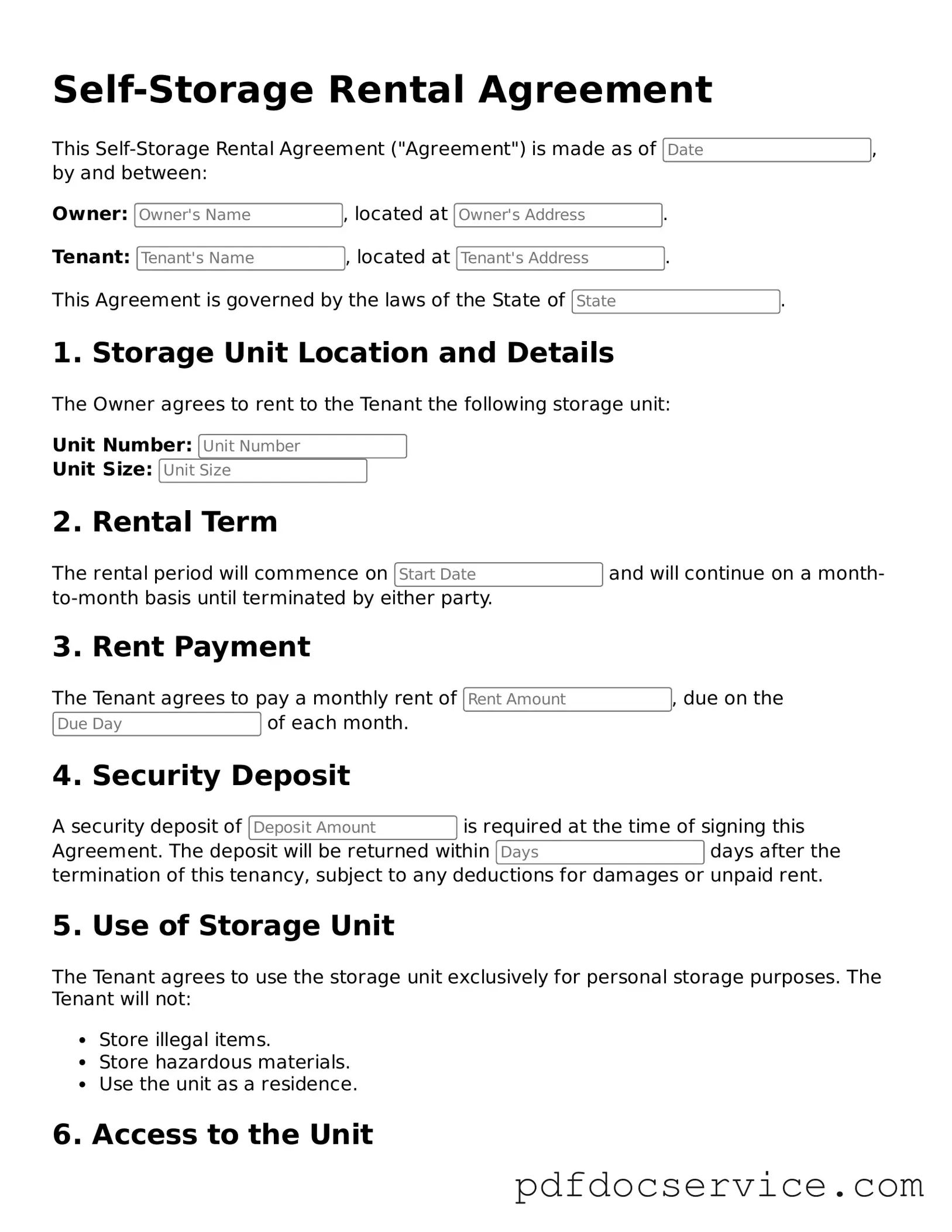 Blank Self-Storage Rental Agreement Form
