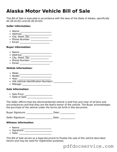 Printable  Motor Vehicle Bill of Sale Template for Alaska