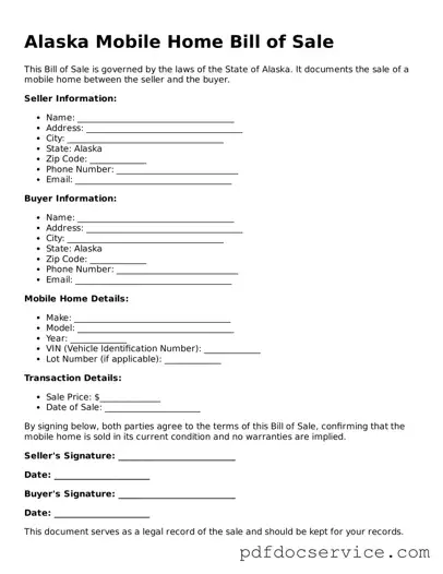 Printable  Mobile Home Bill of Sale Template for Alaska