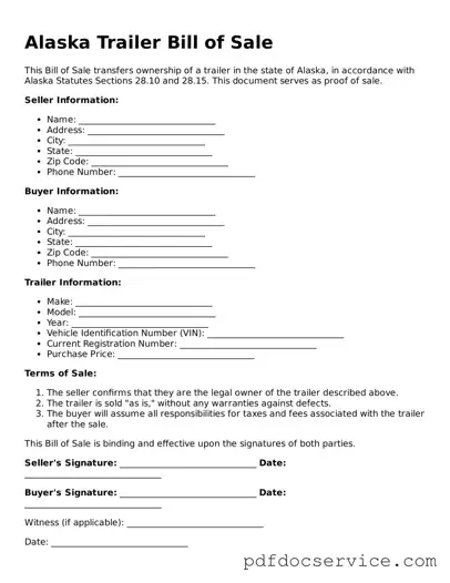 Printable  Trailer Bill of Sale Template for Alaska