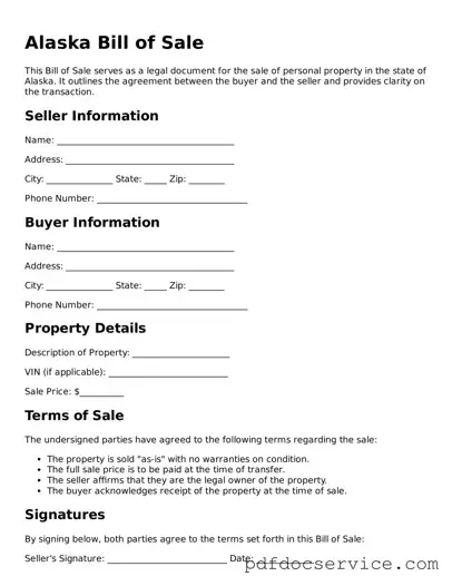 Printable  Bill of Sale Template for Alaska