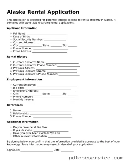 Printable  Rental Application Template for Alaska