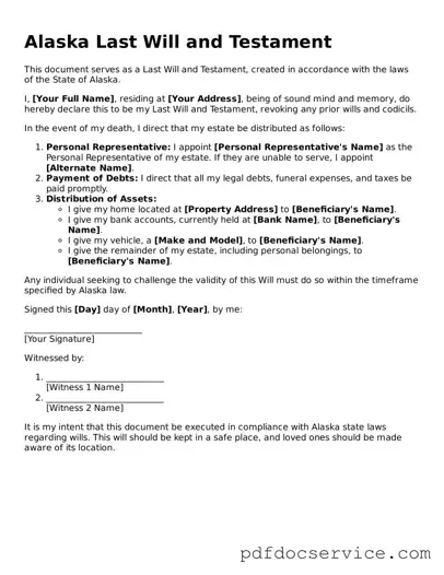 Printable  Last Will and Testament Template for Alaska