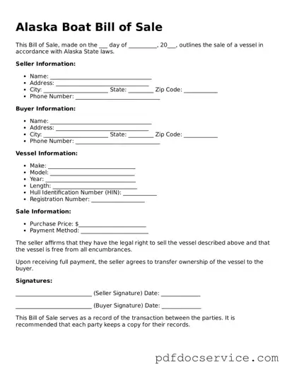 Printable  Boat Bill of Sale Template for Alaska