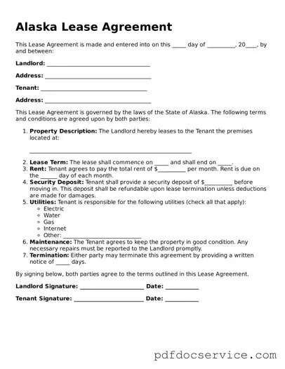 Printable  Lease Agreement Template for Alaska