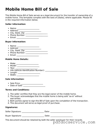 Blank Mobile Home Bill of Sale Form