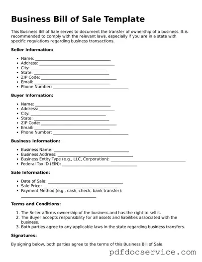 Blank Business Bill of Sale Form