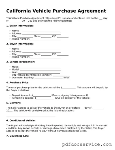 Printable  Vehicle Purchase Agreement Template for California