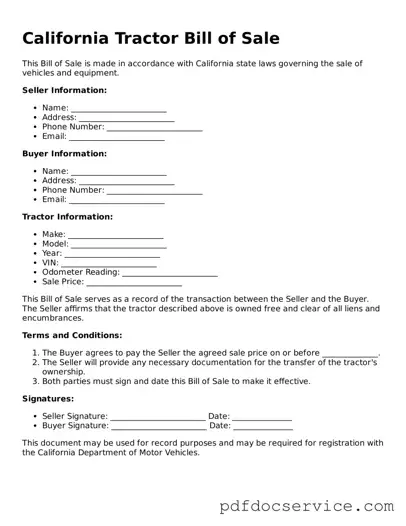 Printable  Tractor Bill of Sale Template for California