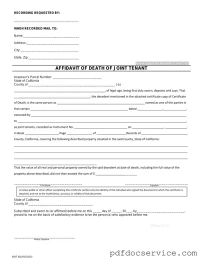 Fill Your California Death of a Joint Tenant Affidavit Form