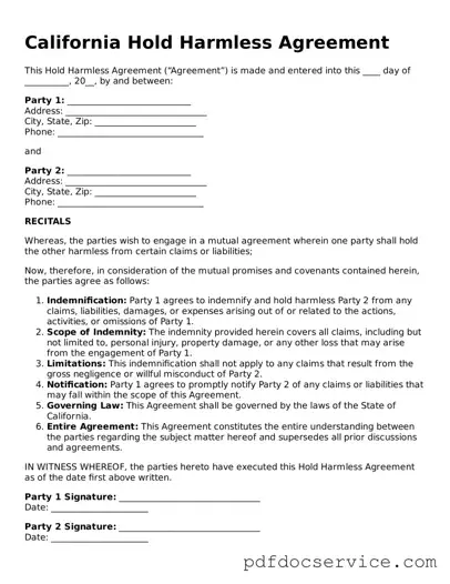 Printable  Hold Harmless Agreement Template for California