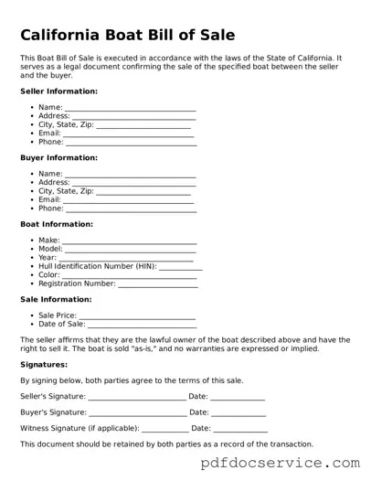 Printable  Boat Bill of Sale Template for California