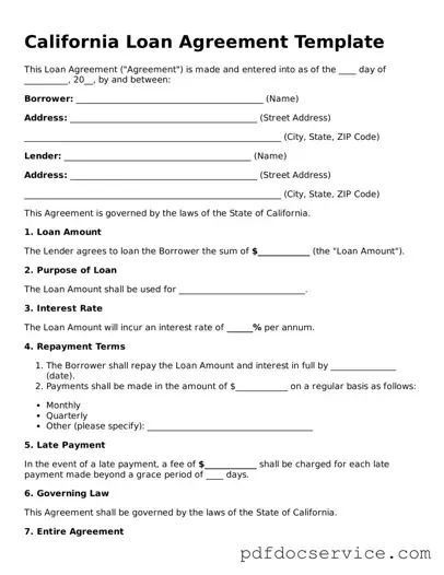 Printable  Loan Agreement Template for California