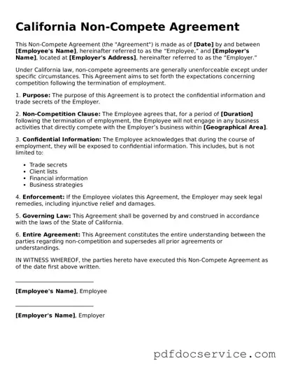 Printable  Non-compete Agreement Template for California