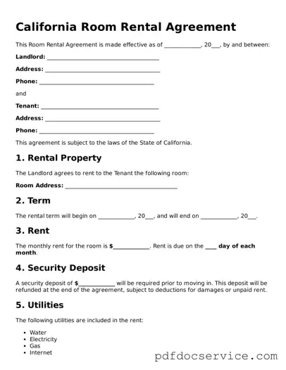 Printable  Room Rental Agreement Template for California