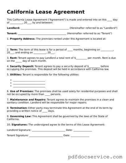 Printable  Lease Agreement Template for California