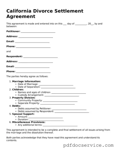 Printable  Divorce Settlement Agreement Template for California