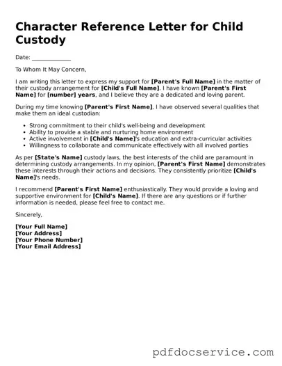 Blank Character Reference Letter for Child Custody Form