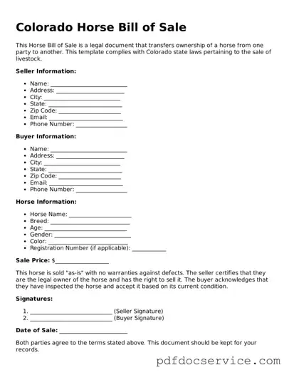 Printable  Horse Bill of Sale Template for Colorado