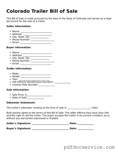 Printable  Trailer Bill of Sale Template for Colorado