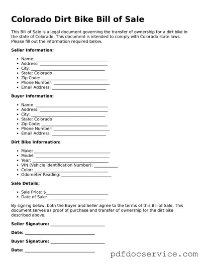 Printable  Dirt Bike Bill of Sale Template for Colorado
