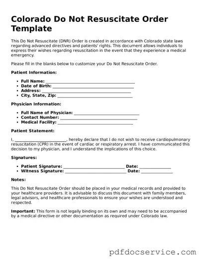Printable  Do Not Resuscitate Order Template for Colorado