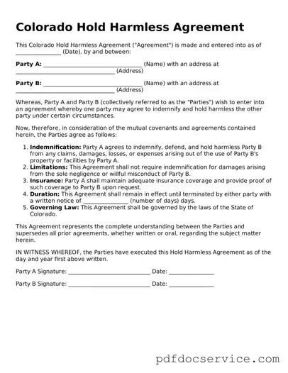 Printable  Hold Harmless Agreement Template for Colorado