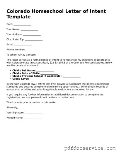 Printable  Homeschool Letter of Intent Template for Colorado