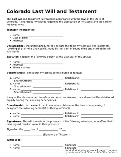 Printable  Last Will and Testament Template for Colorado