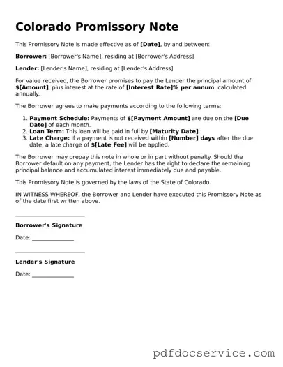Printable  Promissory Note Template for Colorado