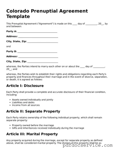 Printable  Prenuptial Agreement Template for Colorado