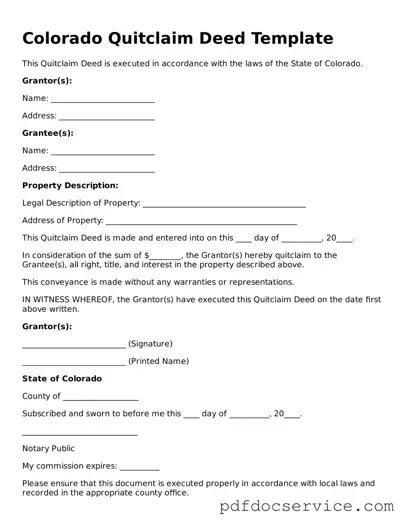 Printable  Quitclaim Deed Template for Colorado