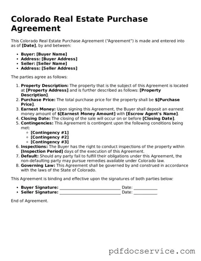 Printable  Real Estate Purchase Agreement Template for Colorado