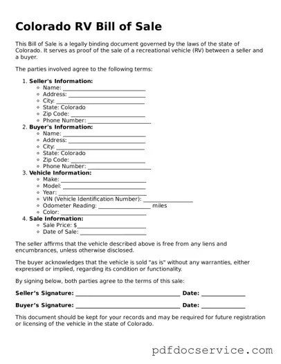 Printable  RV Bill of Sale Template for Colorado
