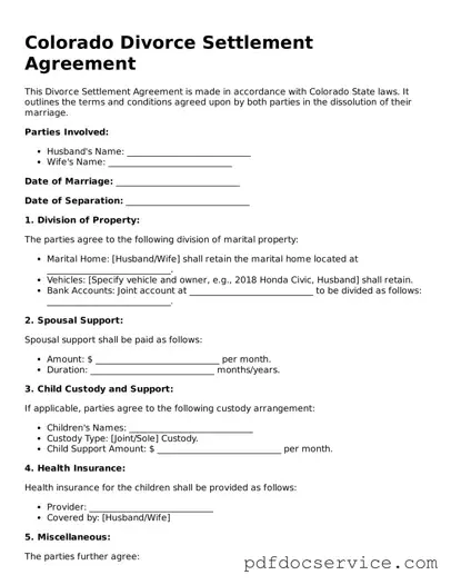 Printable  Divorce Settlement Agreement Template for Colorado